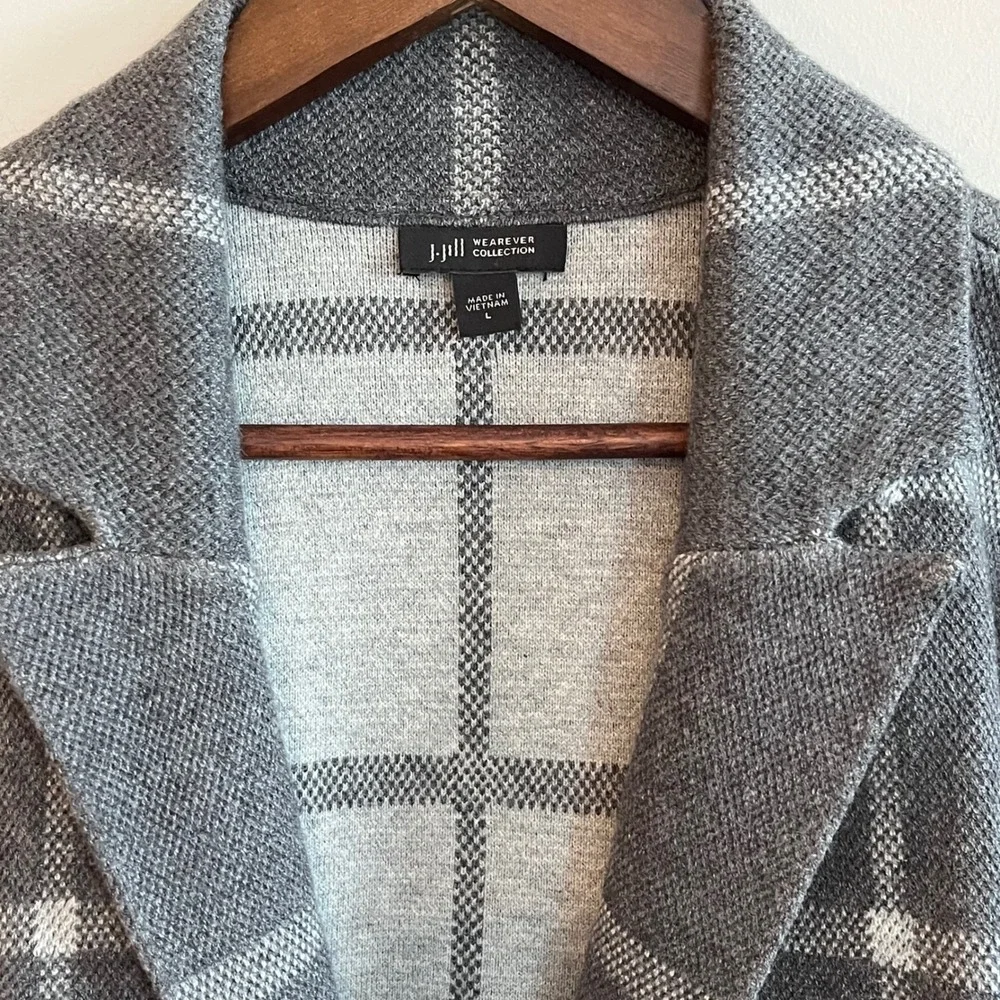 J. Jill Wearever Gray Plaid Sweater Blazer Cardigan Jacket Windowpane Large